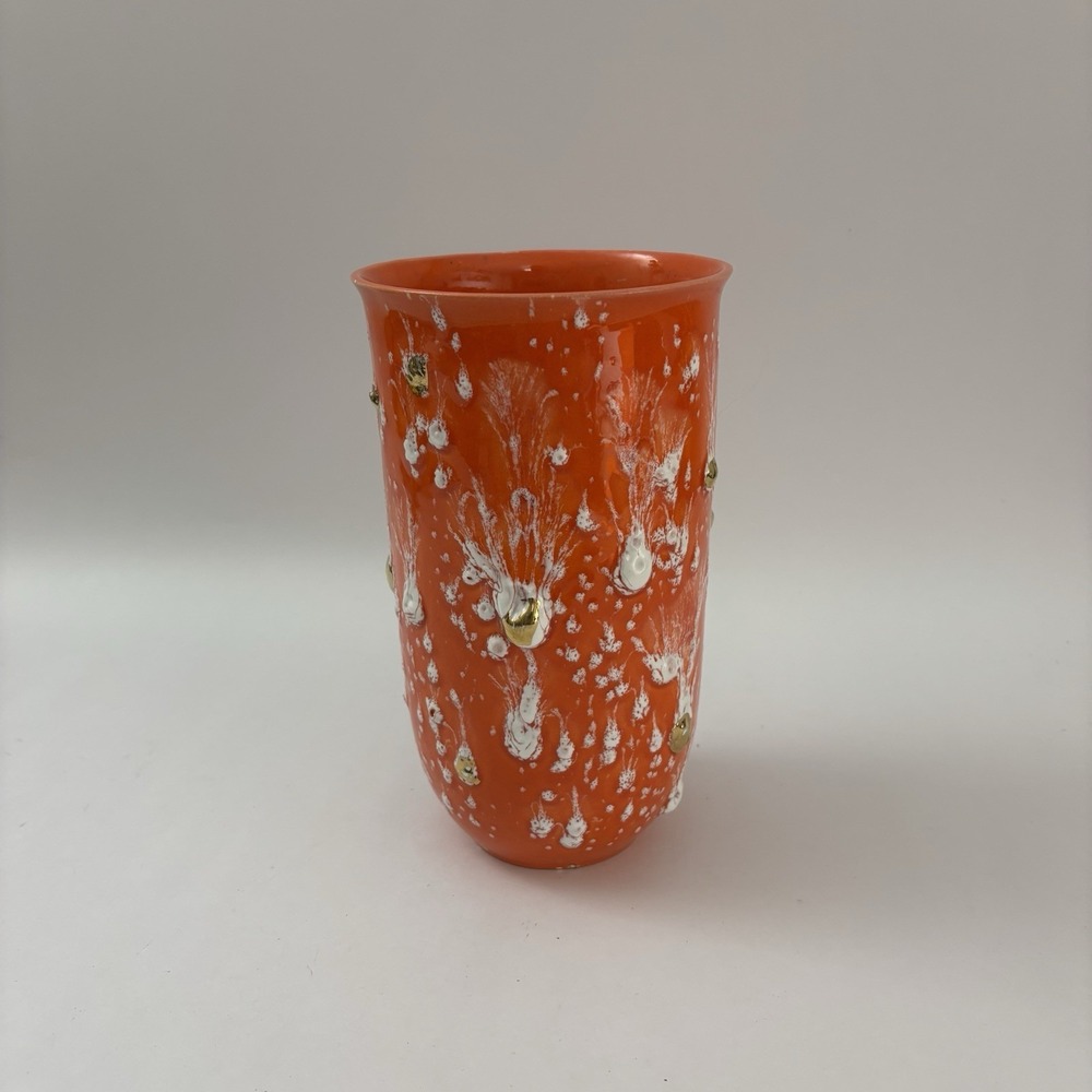 Vintage MCM Royal Fleet USA Orange Lava Texture 8" Vase Gold White Drip Paint